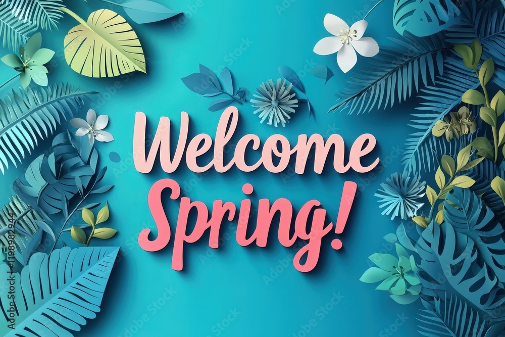 Vibrant leaves and flowers in shades of green and blue create a lively atmosphere. Bold text enthusiastically invites the viewer to embrace spring and its beauty.