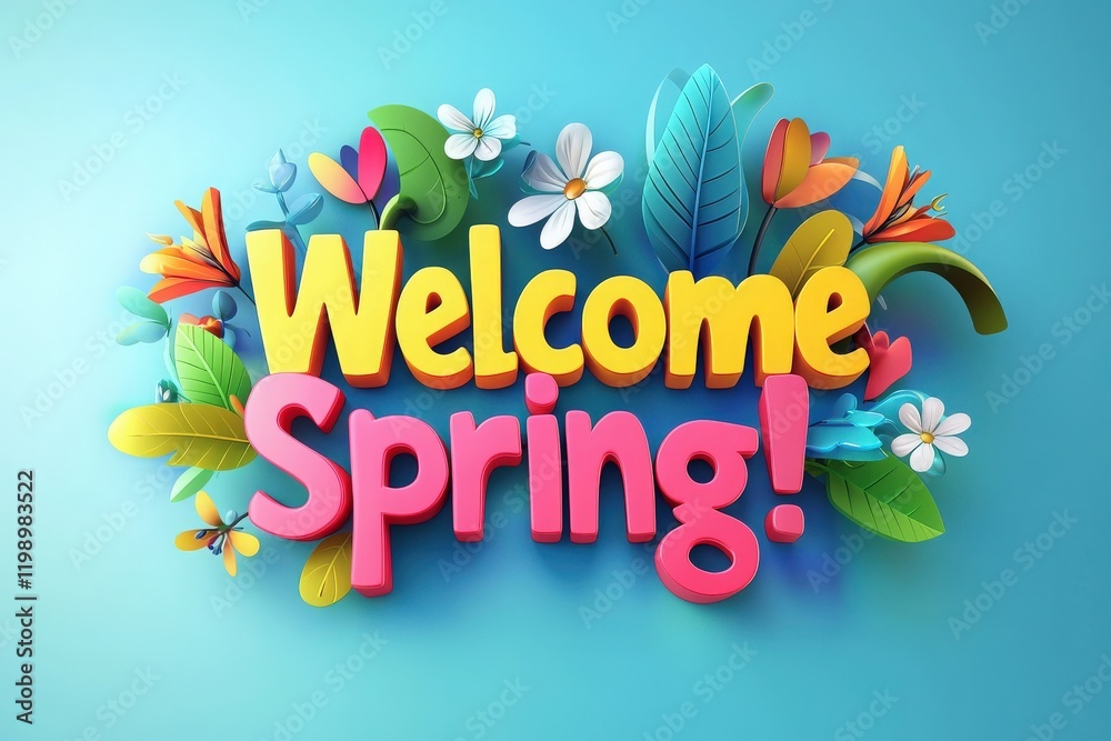 A vibrant decoration celebrating the arrival of spring, featuring the words Welcome Spring in bold colors surrounded by flowers and leaves, creating a joyful atmosphere.
