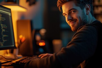 Poster - a person sitting in front of a computer monitor, focused on the screen