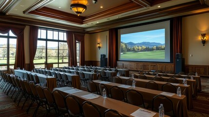 Poster - Professional conference room with a large screen, prepared for a business event with neatly arranged seating.