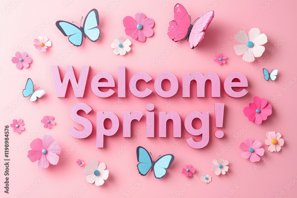 Vibrant decorations featuring pink letters and paper flowers welcome the spring season. Colorful butterflies enhance the joyful atmosphere, reflecting the essence of renewal and beauty.
