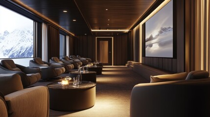 Poster - Spacious event room for a business conference, featuring a large projection screen and neatly arranged seating.