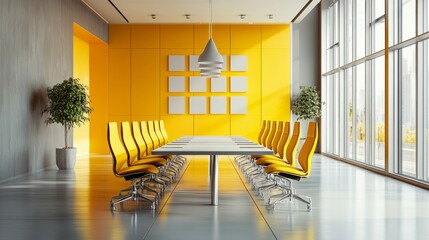 Poster - Spacious meeting room featuring a lengthy table and bright yellow chairs, creating an inviting and modern space.