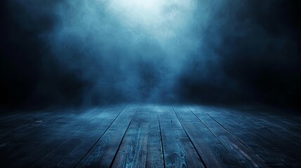 Wall Mural - Dark Wooden Floor with Foggy Blue Light, Mysterious Atmosphere, Moody Scene