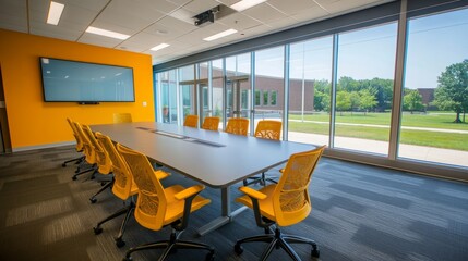 Poster - Stylish conference room with a lengthy table and bright yellow chairs, perfect for collaborative sessions in a vibrant setting.