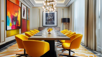 Poster - Vibrant meeting room with a lengthy table and bright yellow chairs, designed for productive and energetic discussions.