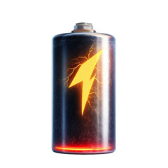 Poster - A 3D rendered image of a worn cylindrical battery with a glowing lightning bolt symbol indicating its energy level.