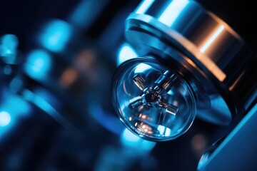 Poster - A detailed view of a metal object emitting a bright blue light, suitable for use in technology or science contexts