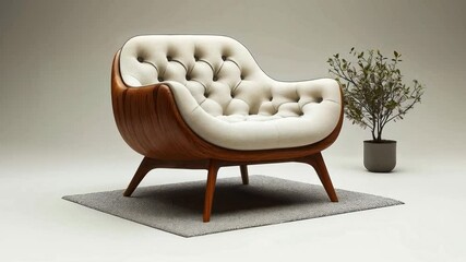 Poster - A plush armchair featuring a tufted design and wooden frame is placed on a soft rug against a neutral backdrop. A small potted plant adds a touch of nature to the cozy atmosphere.