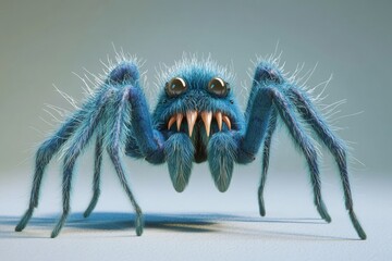 Wall Mural - A close-up photo of a blue spider with its mouth open, ideal for illustrating articles about arachnids or insect-related topics