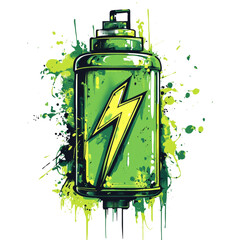 Poster - A stylized illustration of a green spray can featuring a yellow lightning bolt, set against a backdrop of vibrant green and black paint splatters.