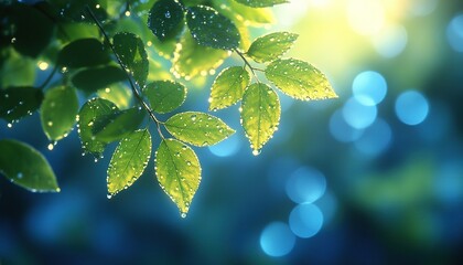 dewy green leaves on branch, sunlit bokeh background, spring nature image
