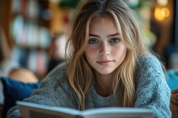 Poster - a woman sits comfortably in a library, engrossed in her favorite book