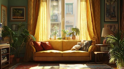 Poster - A cozy 1970s-inspired living room with vibrant retro decor, classic furniture styles, and a modern twist, warm light filtering through vintage curtains, details enhanced with hyper-realistic