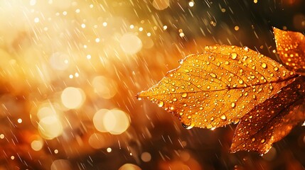 Poster - Close-up of raindrops sliding down a leaf with blurred bokeh in the background, soft earthy tones