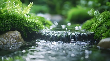 Poster - A soft stream of water flowing over smooth rocks, surrounded by lush green moss, calm earthy tones