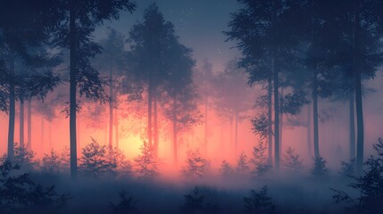Poster - A minimalist abstract forest scene with glowing tree silhouettes and soft fading light