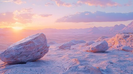 Poster - Smooth desert rock formations glowing under a soft sunrise, blending realism with abstract lighting
