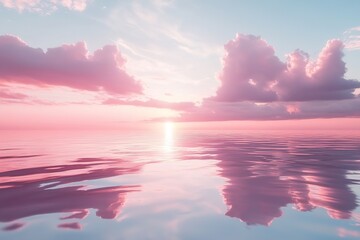 Soft abstract pink clouds drift in a pastel sky above a serene water surface, creating a calming atmosphere perfect for text overlay or artistic projects