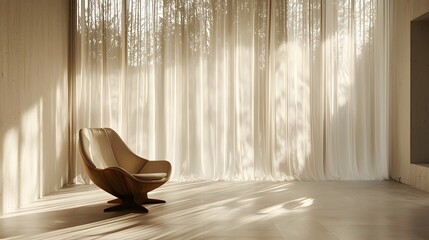 Poster - A modern minimalist room with soft natural light streaming through sheer curtains, creating calming shadows