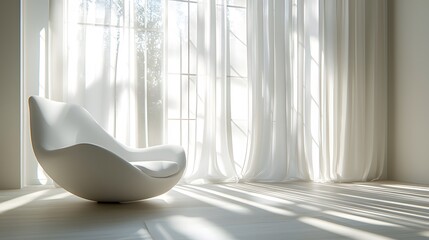 Poster - A modern minimalist room with soft natural light streaming through sheer curtains, creating calming shadows