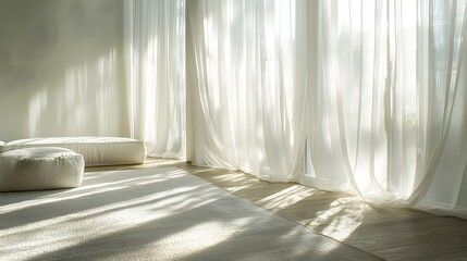 Poster - A modern minimalist room with soft natural light streaming through sheer curtains, creating calming shadows