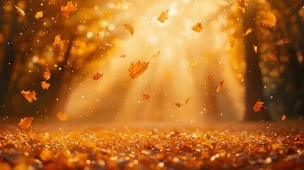 Poster - Autumn leaves gently falling onto a quiet forest floor, the scene bathed in golden light