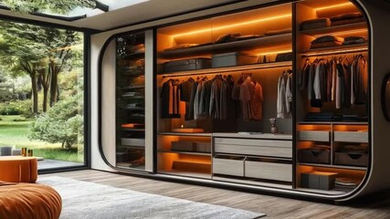 Poster - A stylish wardrobe is showcased with soft lighting, highlighting neatly organized clothes and accessories.