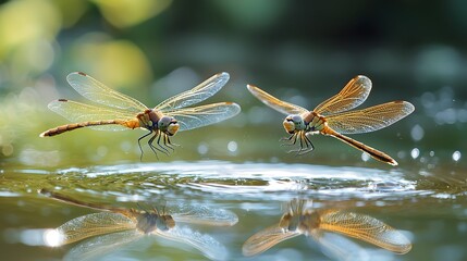 Aufkleber - A pair of dragonflies hovering above a quiet pond, their delicate wings catching the light