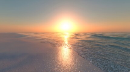 Aufkleber - A smooth, empty beach stretching to the horizon, softly glowing under the light of a setting sun