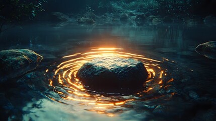 Aufkleber - A solitary rock in the middle of a quiet stream, surrounded by gentle ripples and glowing light