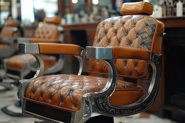 A brown leather chair in a traditional barber shop setting