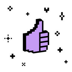 Fototapete - 3D thumbs up like emoji. 3D vintage thumb hand gesture vector icon. Pixel art. Y2k retro ok sticker. Bright geometric object. Like icon. Cool voxel design element. Modern shape for collage sticker