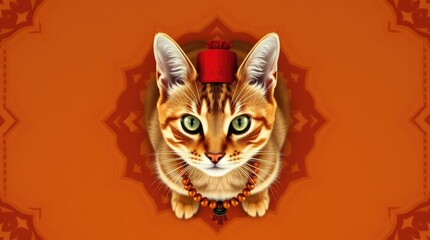  eye view illustration Islamicof a ginger cat wearing a red fez and amber prayer beads, set against a warm background featuring Islamic