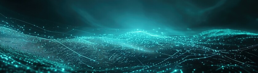 Poster - This background features glowing financial graphs and data lines, presented in blue and green tones against a dark gradient. It offers ample space for text overlay, ideal for presentations