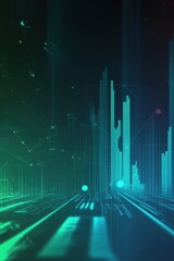 Poster - A sleek background featuring vibrant glowing financial graphs and data lines in blue and green against a dark gradient setting. It provides ample blank space for text overlays