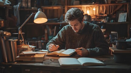 Poster - A man writing in a journal at a rustic wooden desk, warm light from a nearby lamp creating a peaceful glow