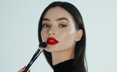 Stylish woman with red lips and sleek hair holding a makeup brush against a white background