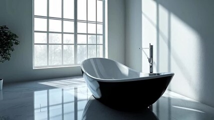 Aufkleber - A sleek black and white bathtub is featured in a minimalistic bathroom. Bright sunlight streams through large windows, casting shadows on the glossy floor.