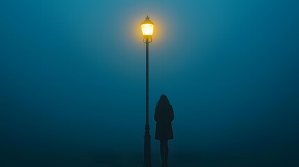 Poster - A woman standing under a streetlamp on a foggy night, the soft glow of the light creating an ethereal atmosphere