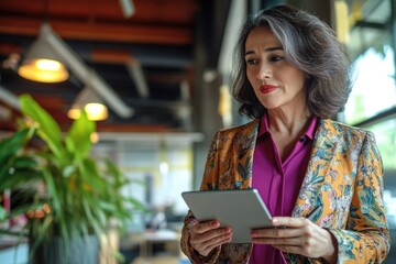 Poster - A woman holds a tablet computer in her hands, possibly working or browsing