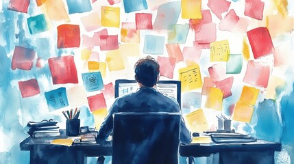 Poster - A watercolor illustration of a product manager working at a desk, surrounded by sticky notes filled with ideas and concepts. The image symbolizes the creative process, organization, brainstorming, an