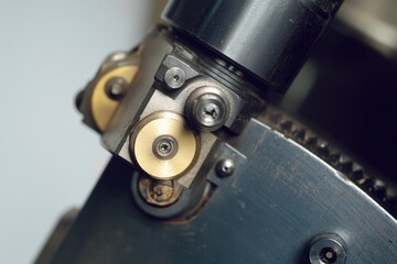 Poster - close-up shot of a metal object on a table, suitable for product photography or design projects