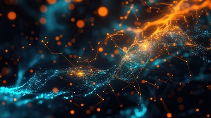 Poster - Abstract Digital Network Connection Concept - An abstract concept of digital network connections, highlighting the flow of data and information with glowing blue and orange nodes symbolizing intercon