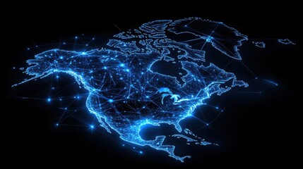 Poster - Digital map of North America, showcasing the interconnectedness of the continent through glowing lines and dots, representing communication, technology, and global connections.