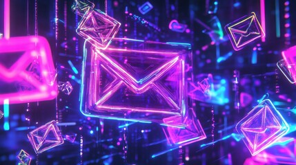 Poster - abstract digital artwork presenting email marketing symbols growth metrics and animated data flows highlighted by neon colors and dynamic patterns conveying a sense of conne