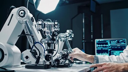 Leinwandbilder - Technician works on robotic arm in advanced laboratory setting at night