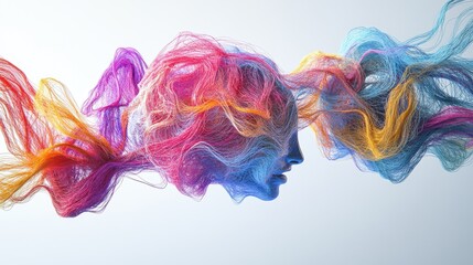 Poster - abstract creative flow of ideas represented as colorful lines connecting multiple brains, idea netwo