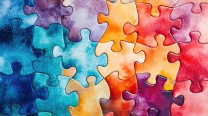 Poster - Interlocking puzzle pieces with a watercolor texture, symbolizing connection and diversity in a colorful, abstract design.