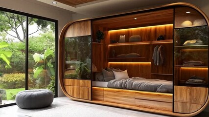 Wall Mural - A contemporary wooden bedroom features sleek design elements with integrated lighting.